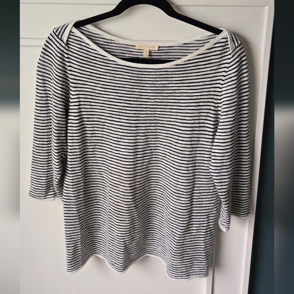 Eileen Fisher Black & White Striped Boatneck 3/4 Length-Sleeve Top